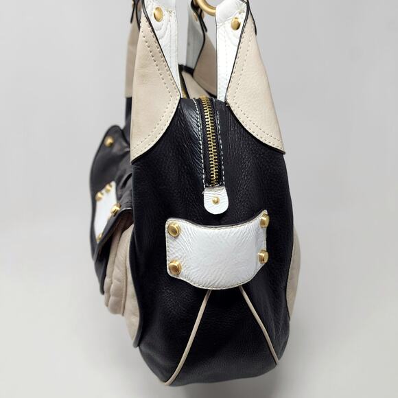 B. Makowsky Large Shoulder Bag Copenhagen Leather Mixed Media Beige Black Cream - Picture 4 of 11